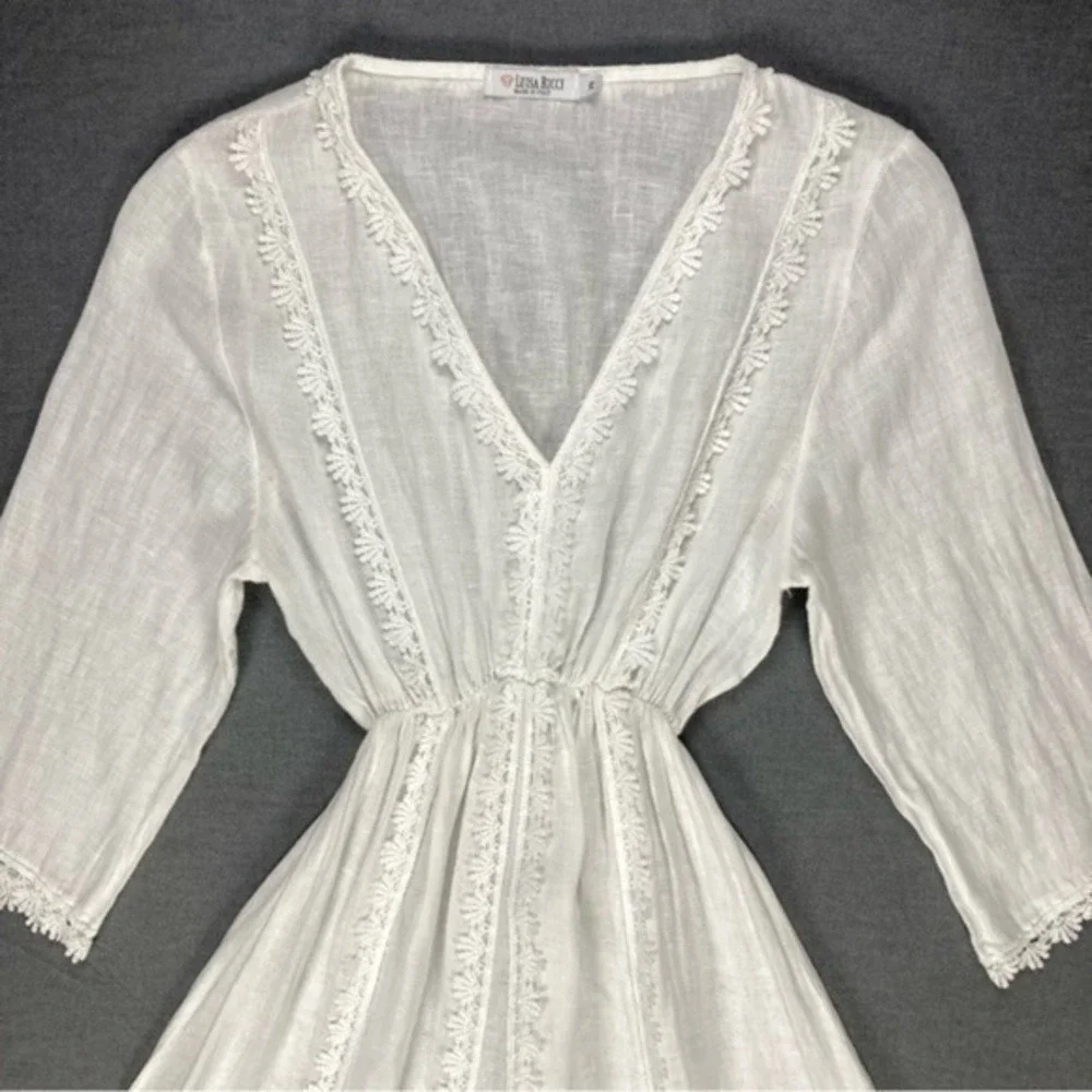 Luisa Ricci Linen Lace Tunic Beach Coverup Dress Women Medium White Cottagecore - Picture 3 of 13